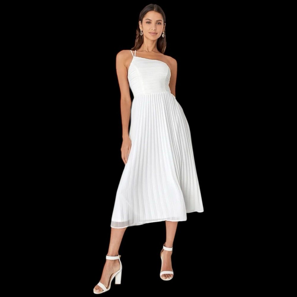 Lulus Midi Dress Womens XS White Asymmetrical Pleated One Shoulder Wondrous Muse